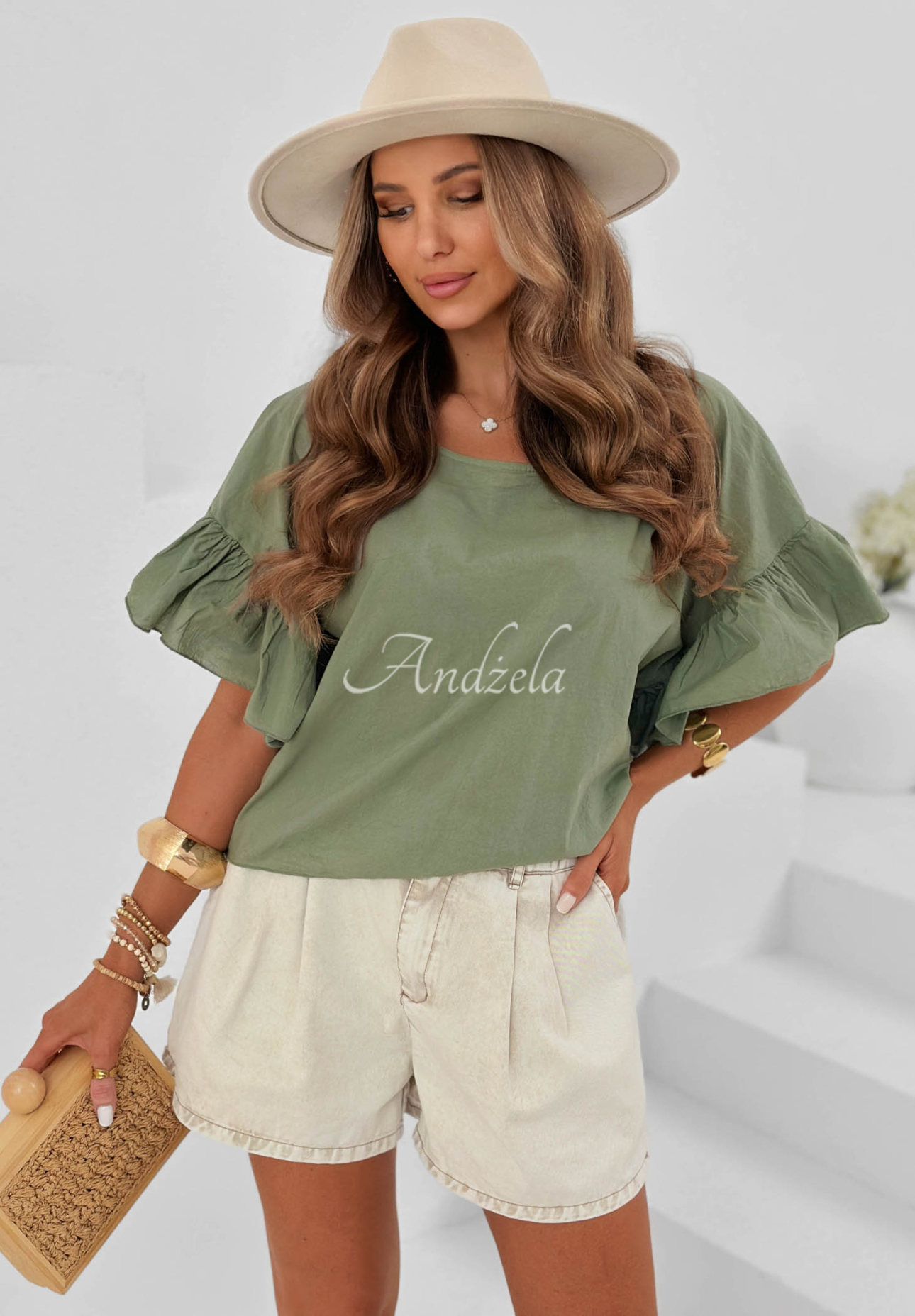 Lekka bawełniana bluzka z falbankami Sun Breeze khaki