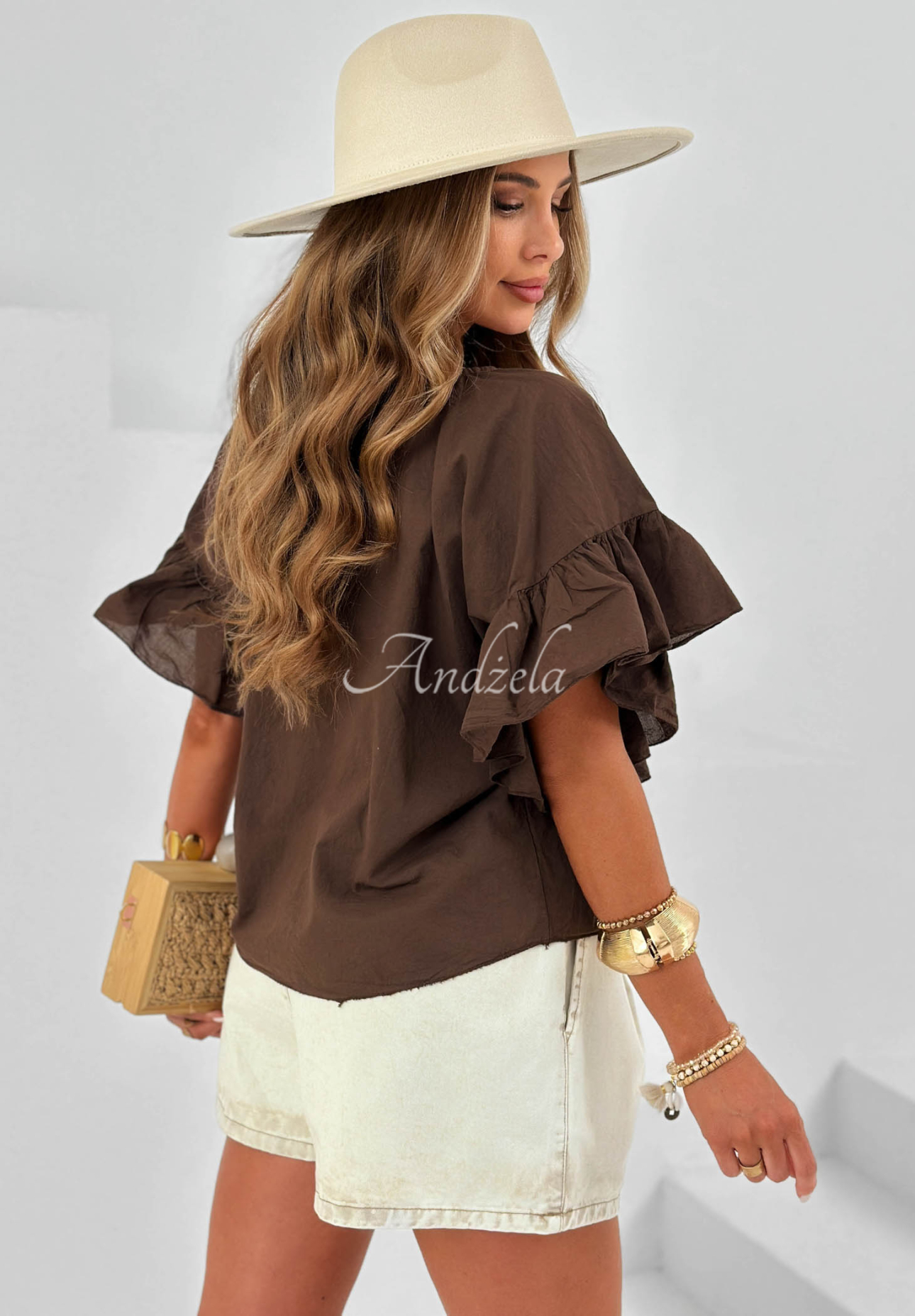 Sun Breeze Lightweight Chocolate-Colored Cotton Blouse with Ruffles