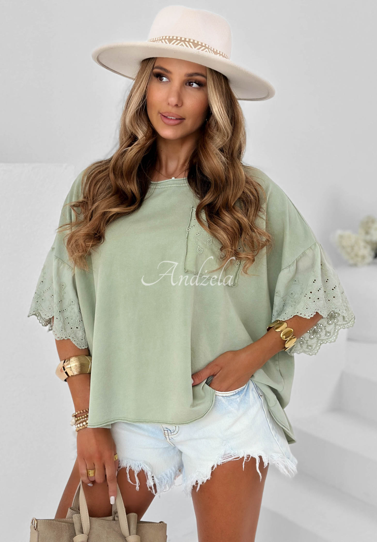 Sun Umbrella khaki oversized cotton blouse with openwork patterns