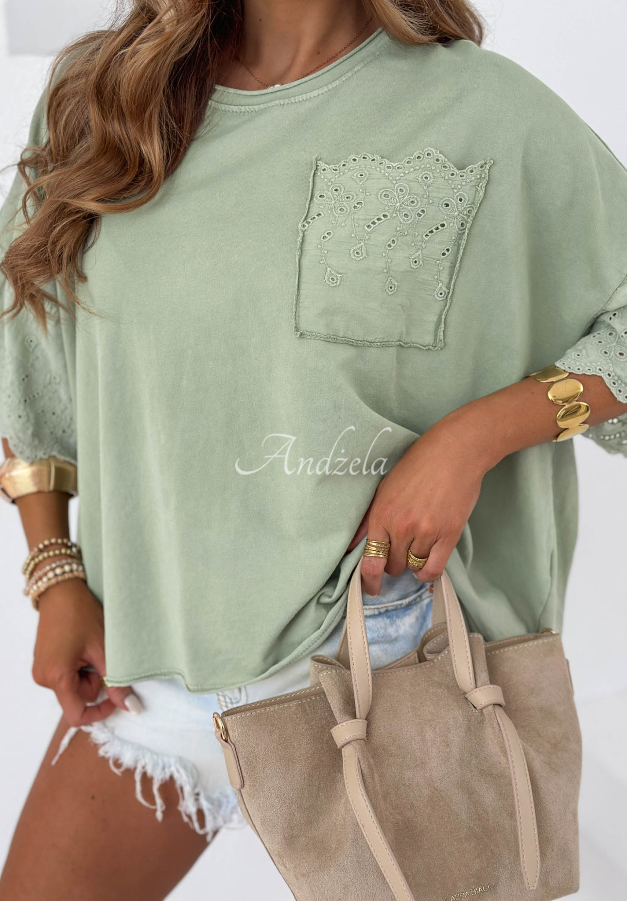 Bawełniana Blouse oversize w ażurowe wzory Sun Umbrella khaki