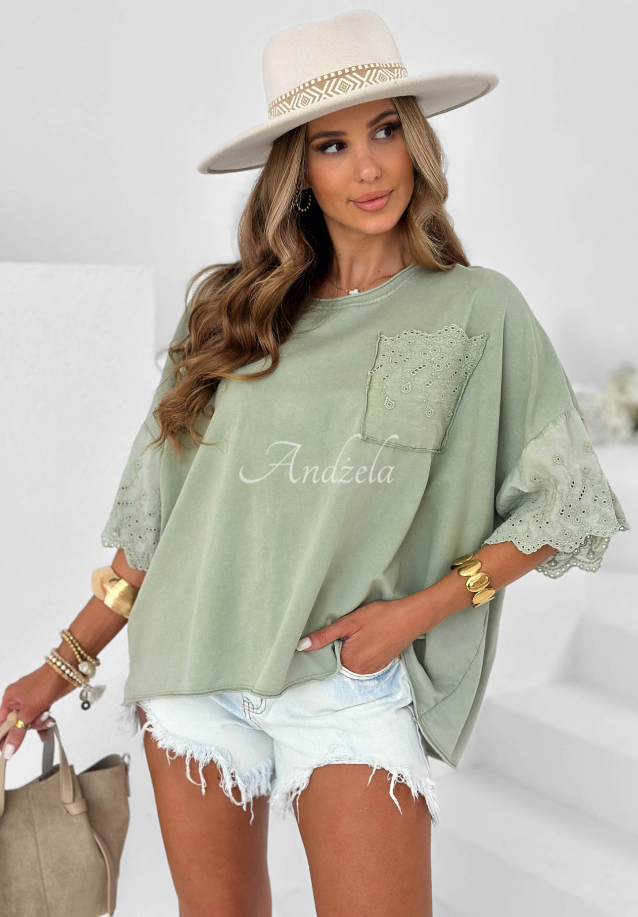 Bawełniana bluzka oversize w ażurowe wzory Sun Umbrella khaki