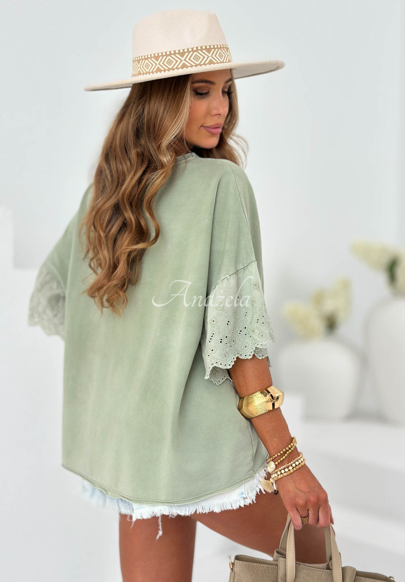 Bawełniana bluzka oversize w ażurowe wzory Sun Umbrella khaki