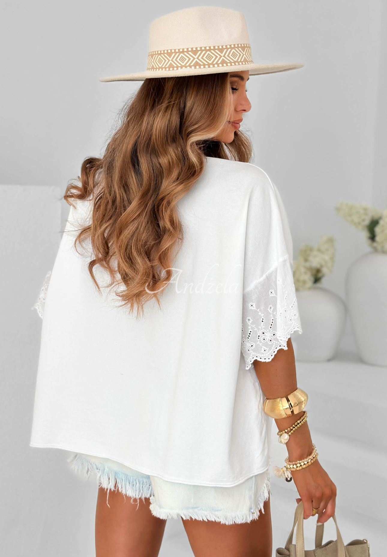 Bawełniana bluzka oversize w ażurowe wzory Sun Umbrella ecru