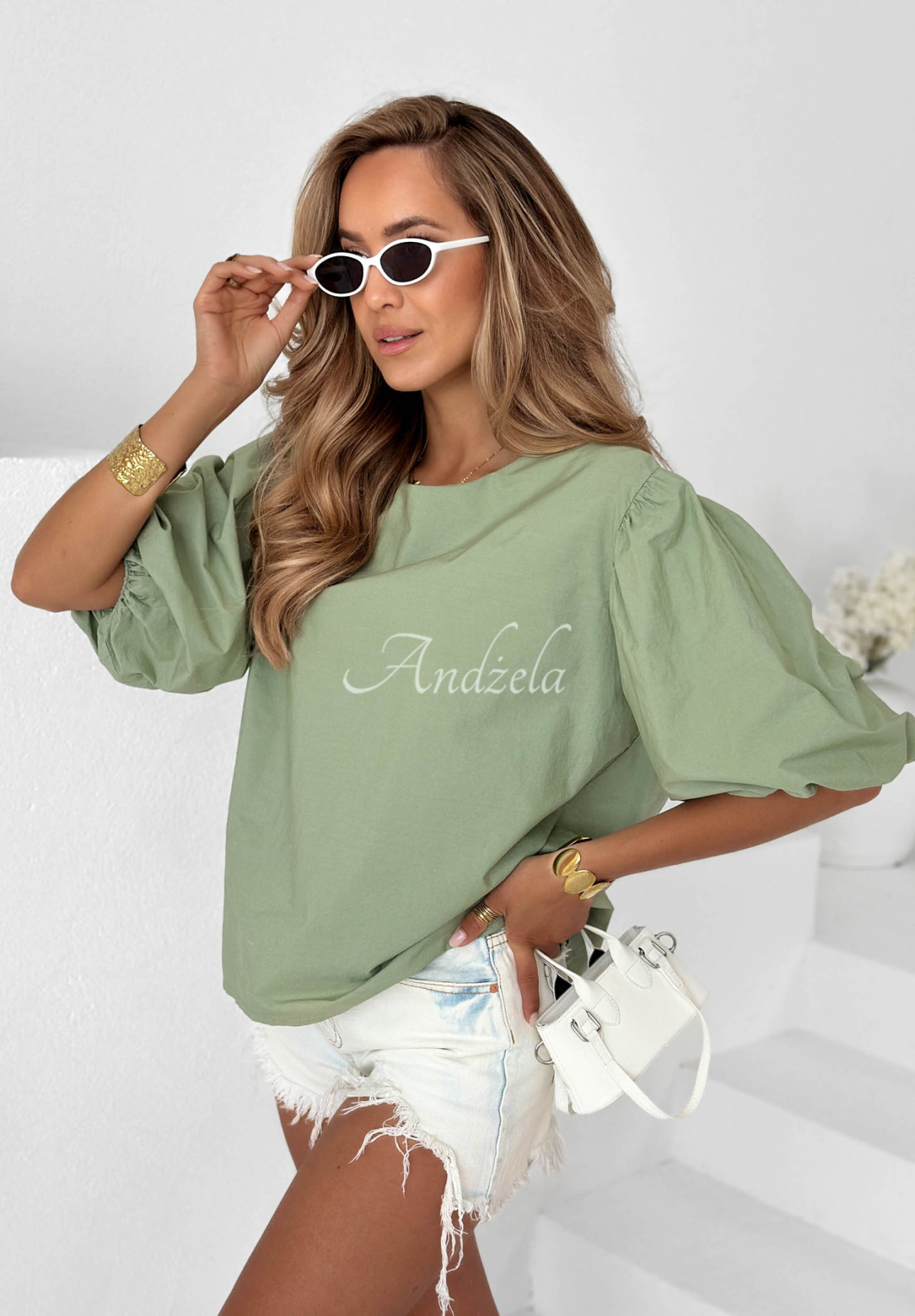Bawełniana Blouse z bufkami Sweet Summer khaki