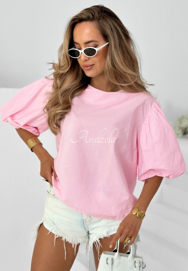 Sweet Summer Pink Cotton Blouse with Puff Sleeves