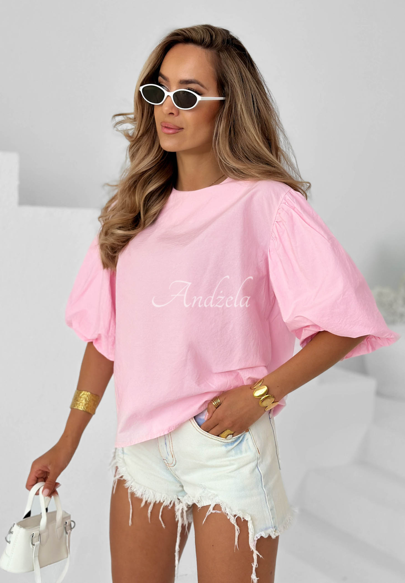 Sweet Summer Pink Cotton Blouse with Puff Sleeves