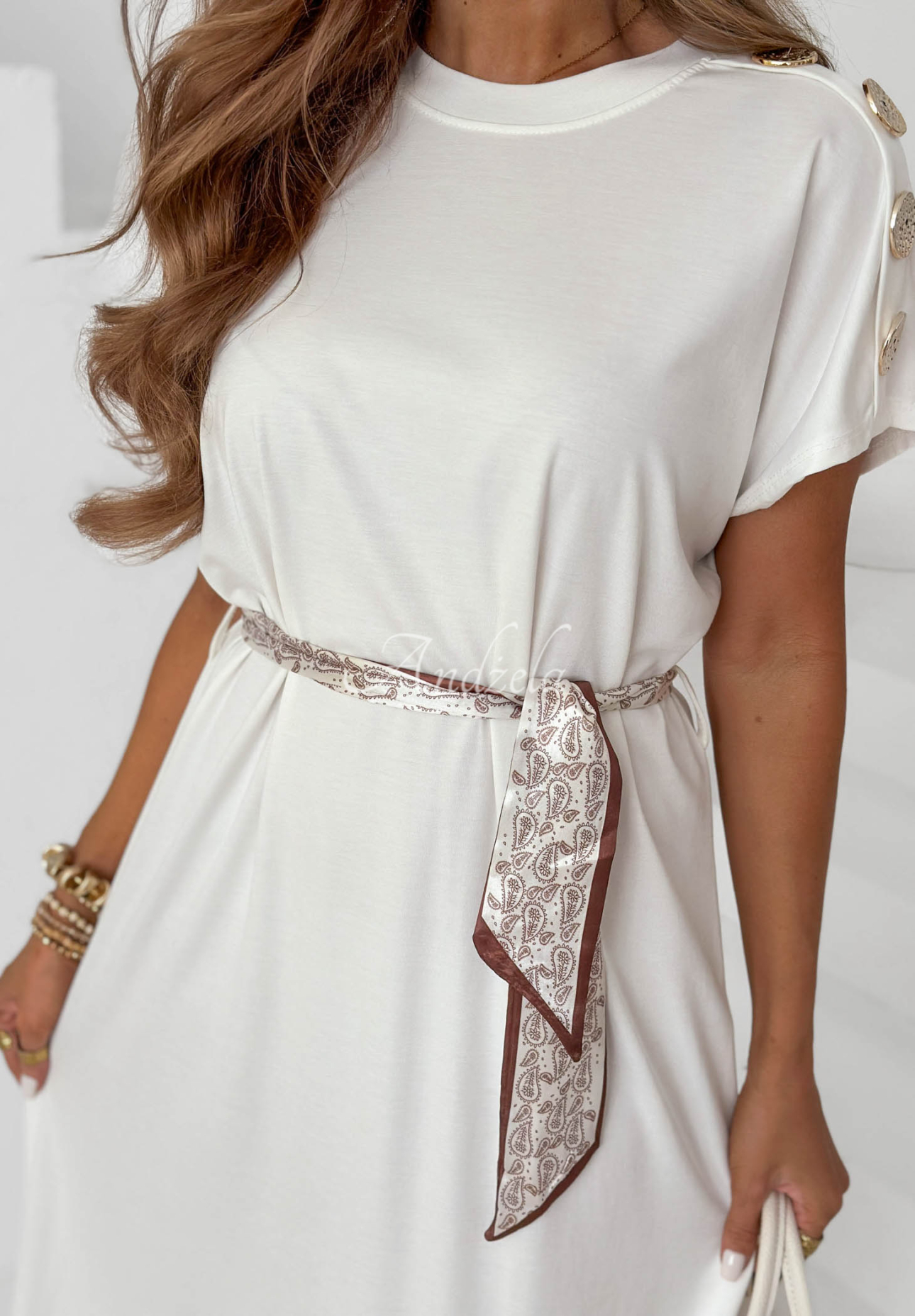 Viscose midi dress with a scarf and decorative buttons by Sailor Charm in ecru