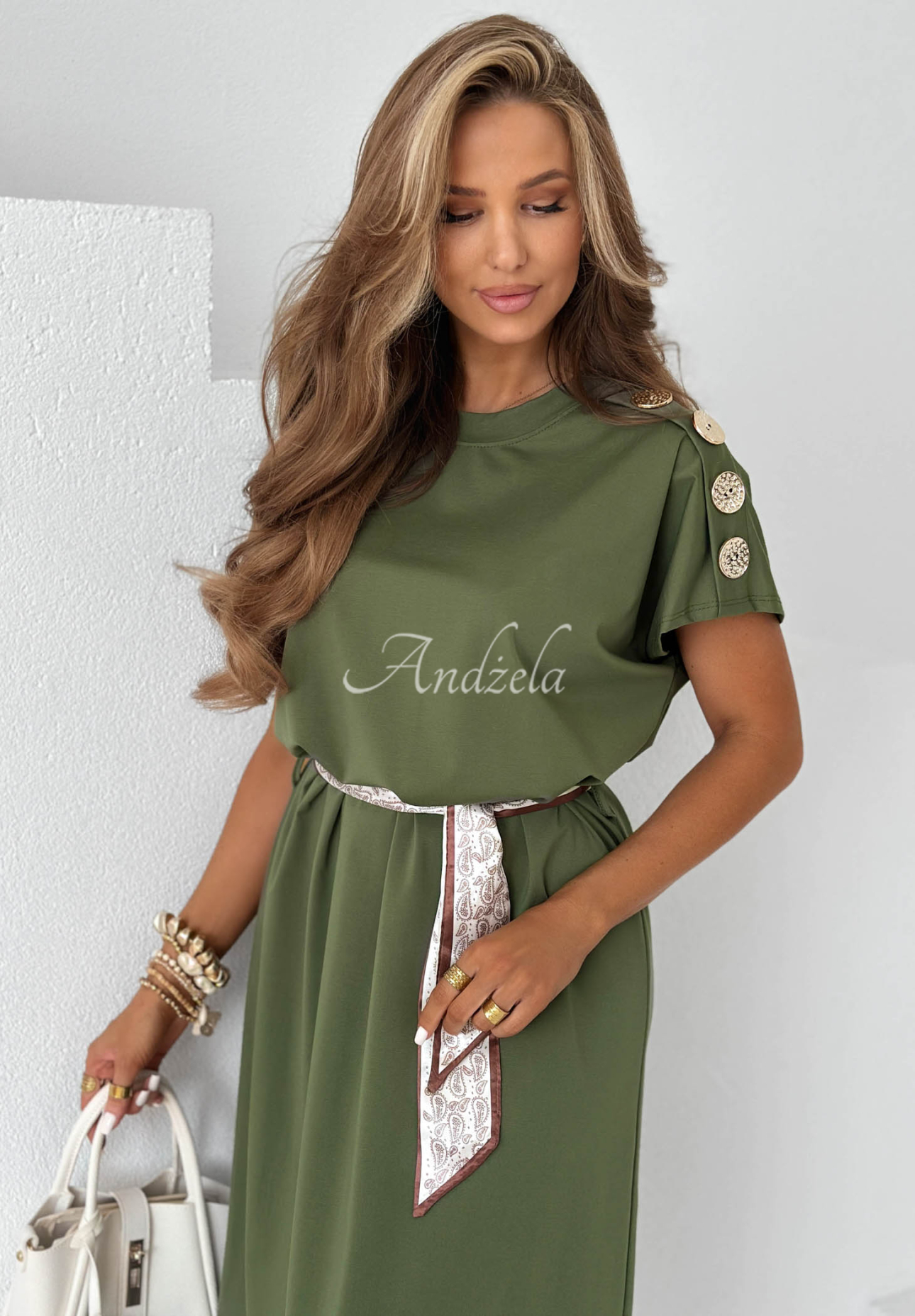 Viscose midi dress with a scarf and decorative buttons by Sailor Charm in khaki