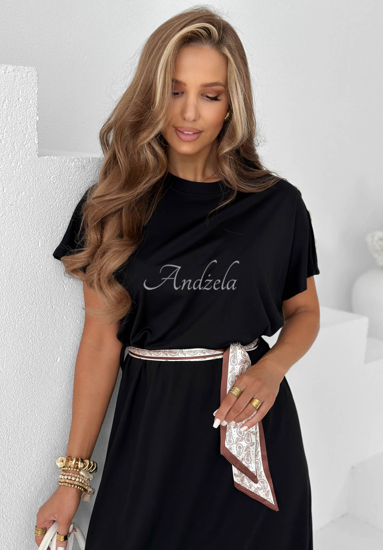 Sailor Charm Black Viscose Midi Dress with a Scarf and Decorative Buttons