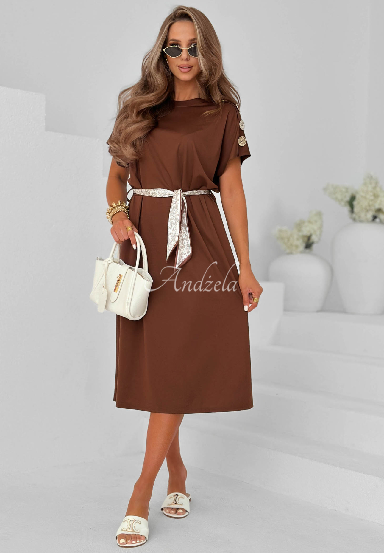 Viscose midi dress with a scarf and decorative buttons – Sailor Charm in chocolate brown