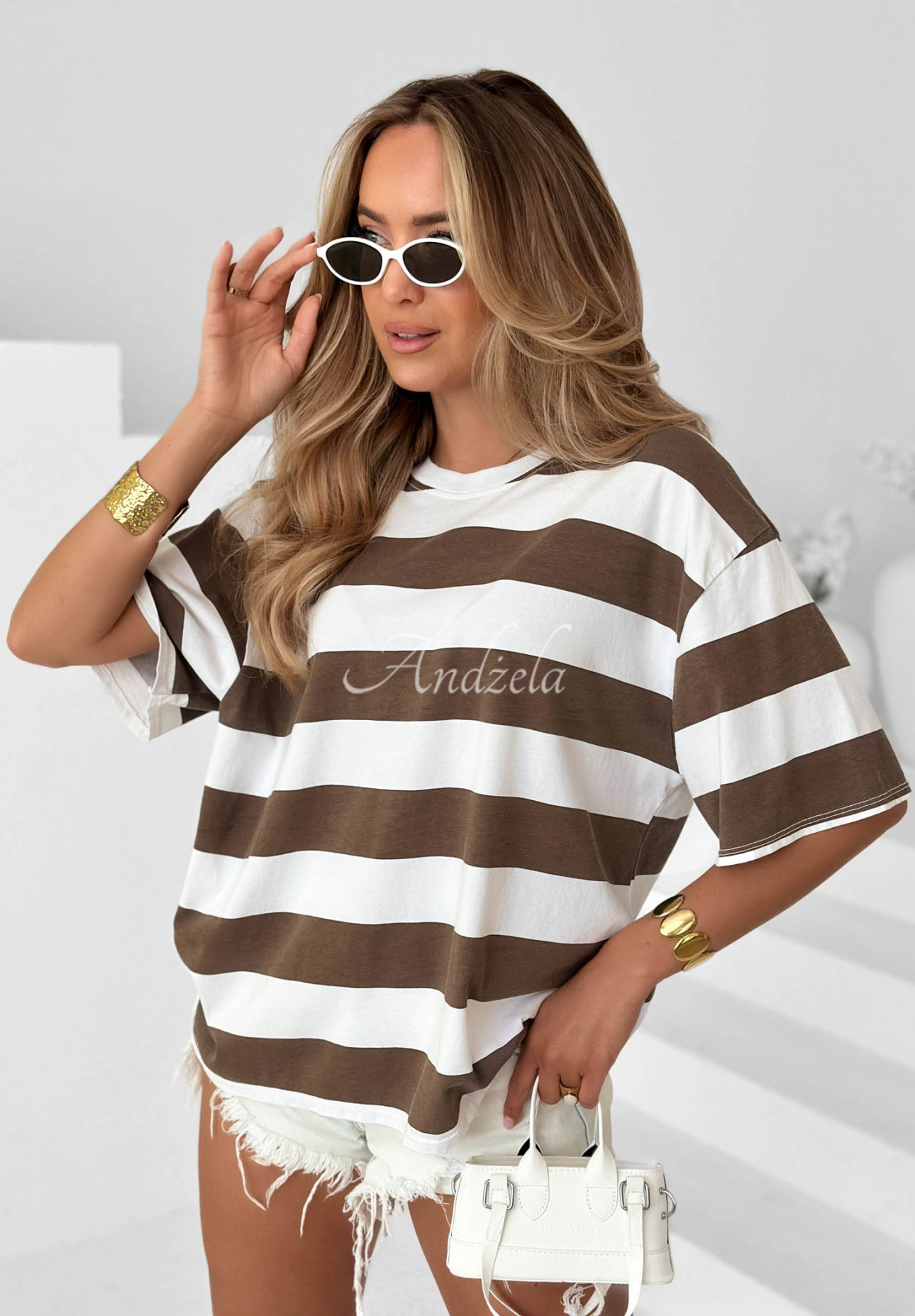 Bawełniany T-shirt w paski Marine Life biało-czekoladowy