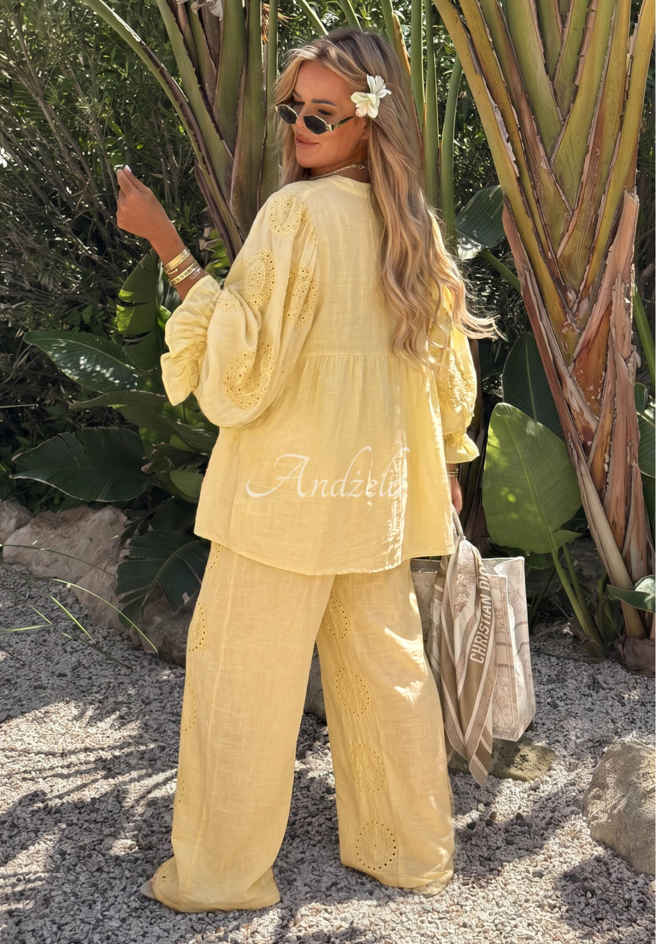 Haftowane spodnie wide leg boho z bawełny Ti Amo żółte