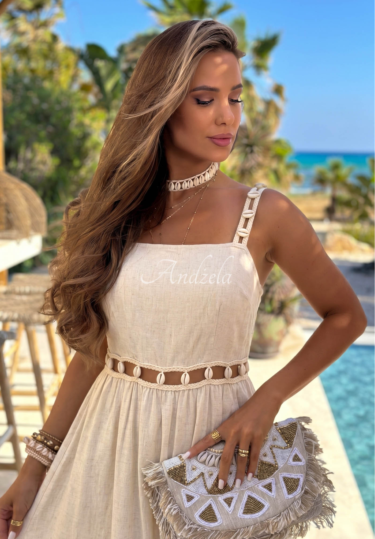Light beige Golden Shell strapless dress with seashells and linen