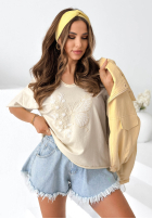 Bawełniany T-shirt z haftem Pretty Butterfly beżowy
