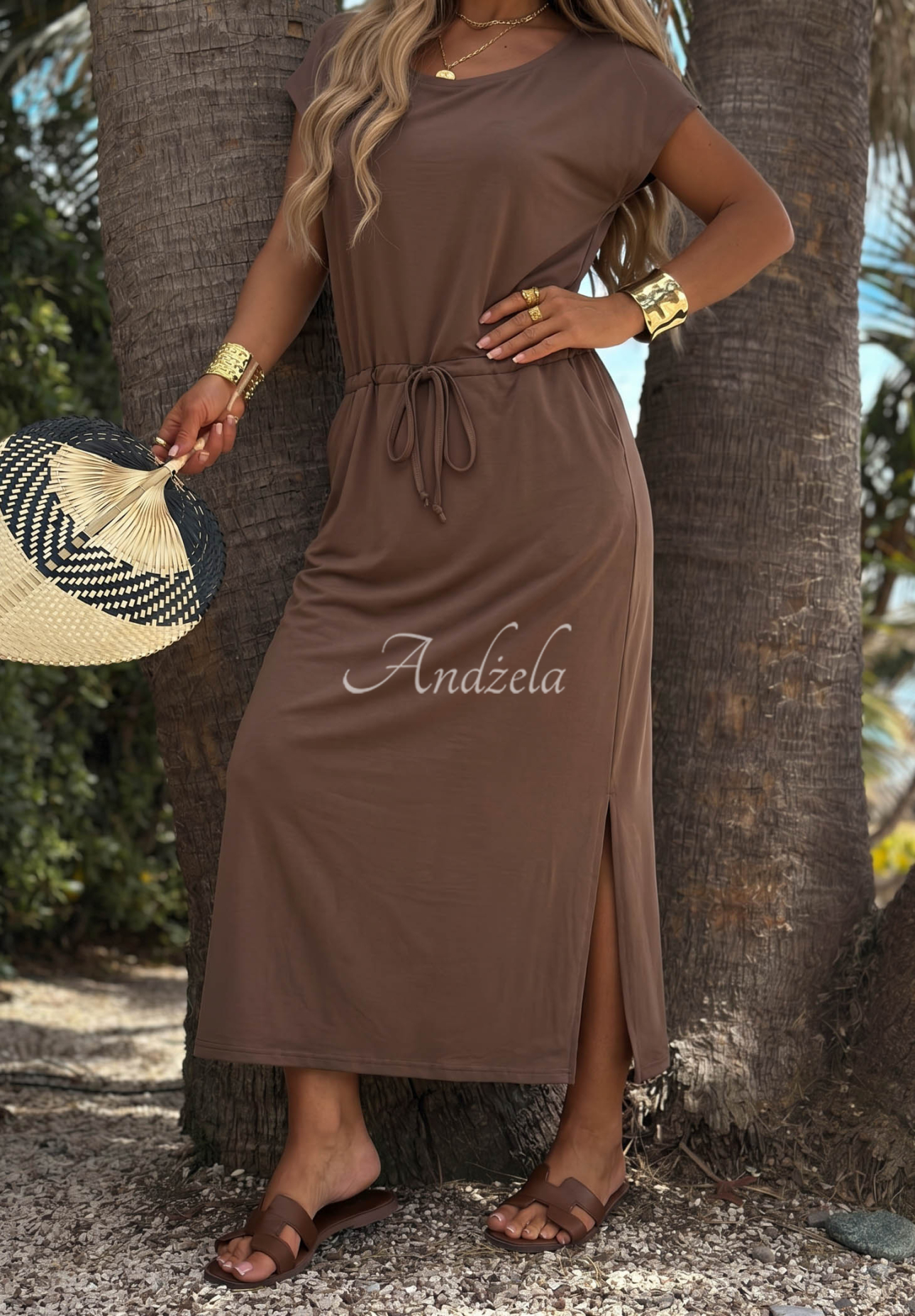 Moonlight Harbor Chocolate-Colored Cotton Dress with Ribbed Hem