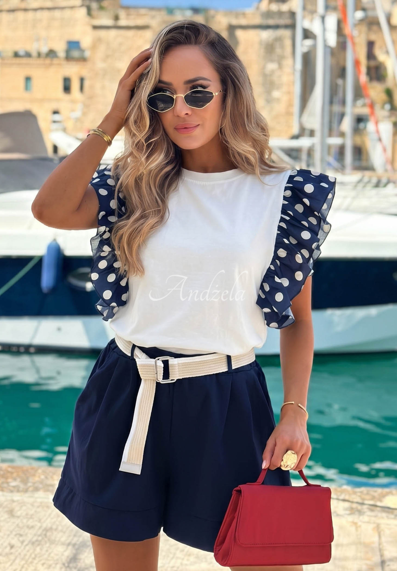Dotella White and Navy Blue Polka Dot Cotton T-Shirt with Ruffles