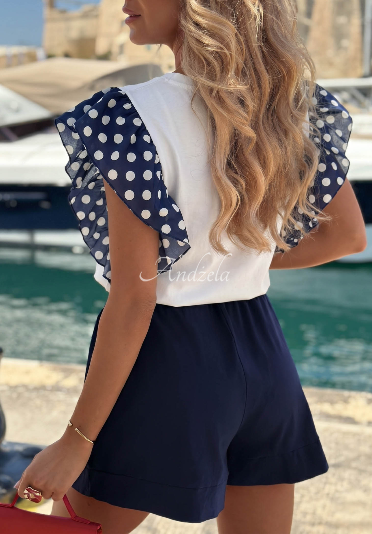 Dotella White and Navy Blue Polka Dot Cotton T-Shirt with Ruffles