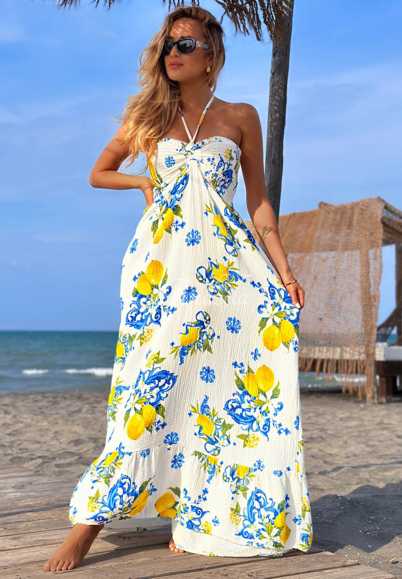 Limone Sole white and blue strapless cotton maxi dress with lemon print