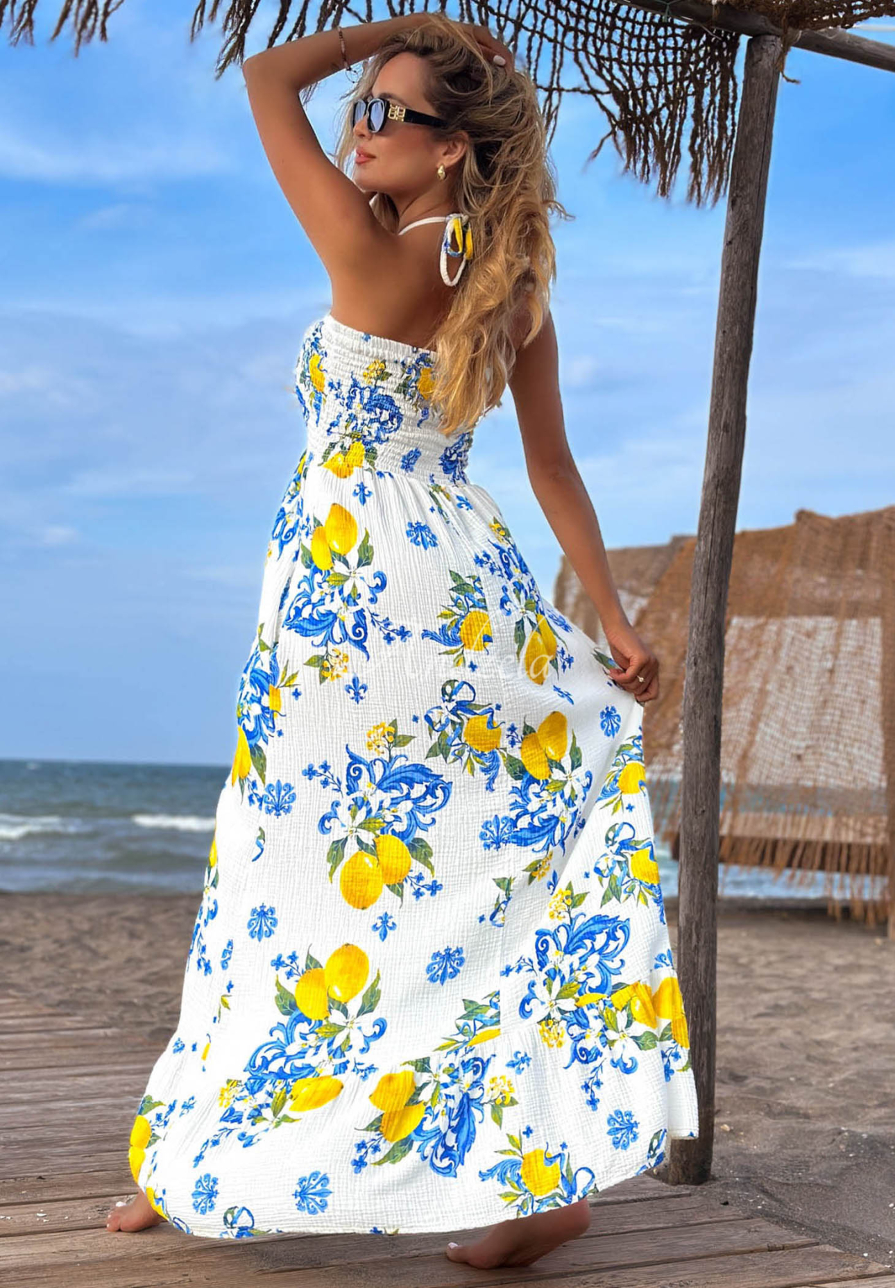 Limone Sole white and blue strapless cotton maxi dress with lemon print