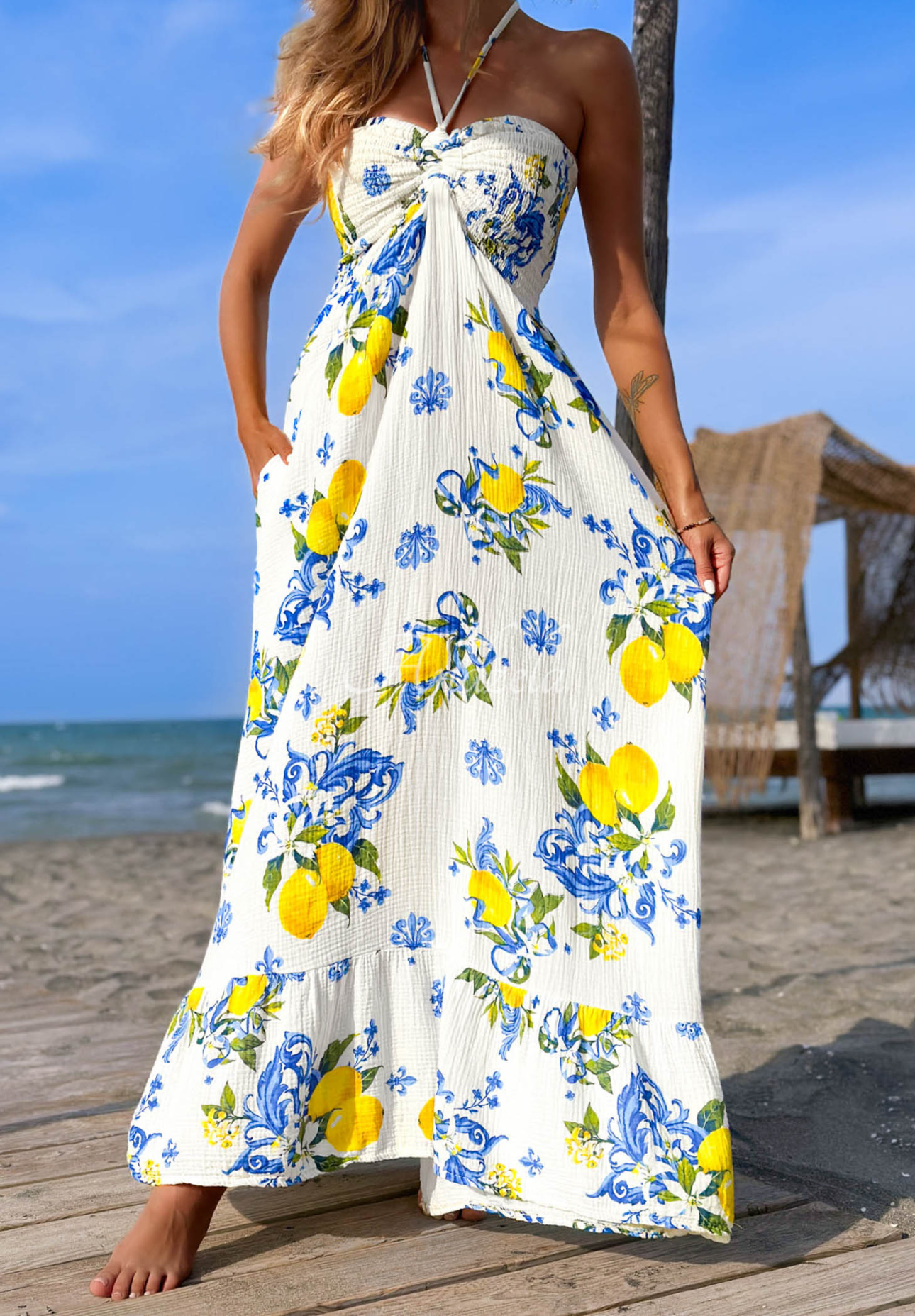 Limone Sole white and blue strapless cotton maxi dress with lemon print