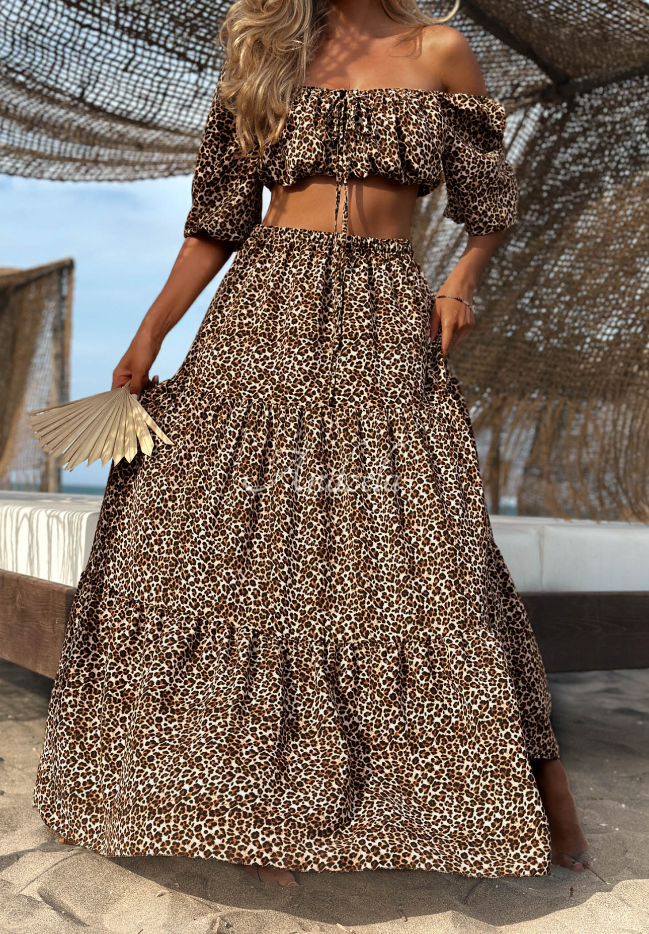 Beige Sand Panther leopard-print viscose set featuring an off-the-shoulder blouse and skirt