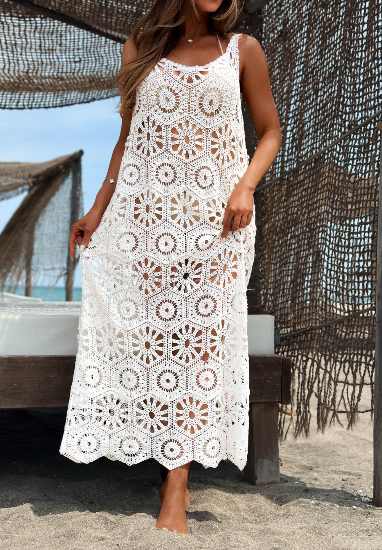 Coco Paradise ecru boho-style maxi cotton beach cover-up with straps