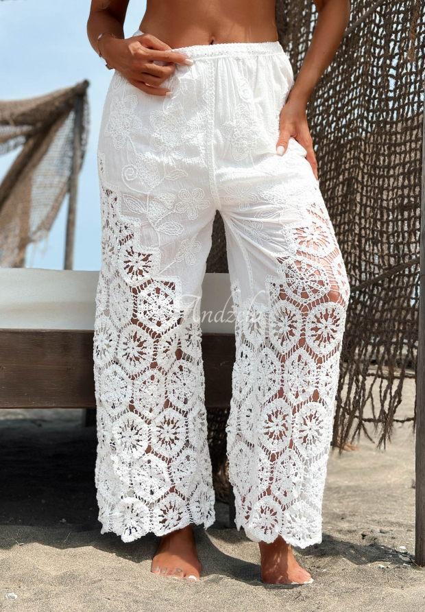 Ażurowe spodnie wide leg z bawełny z koronką boho La Costa ecru