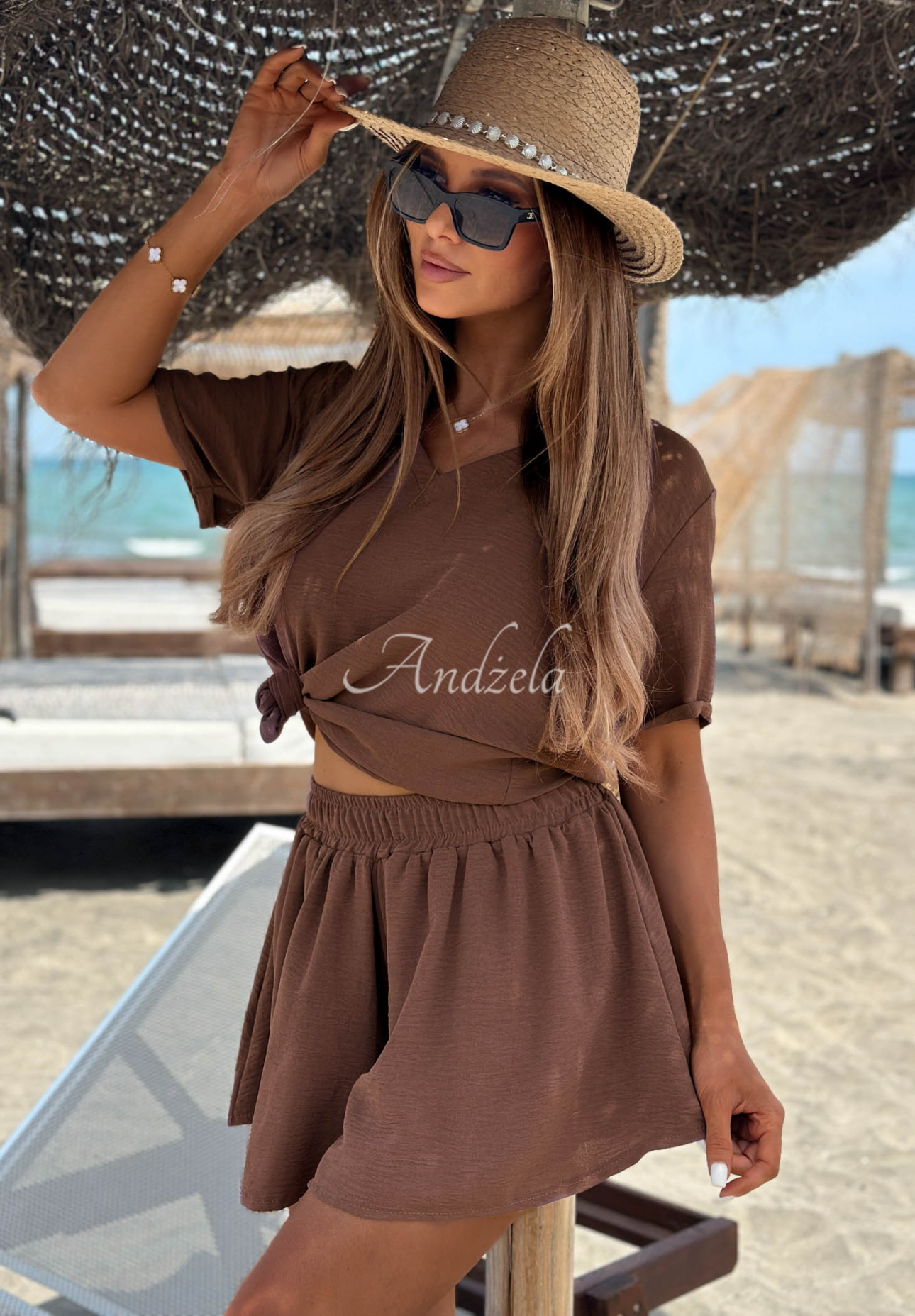 Sunny Side Chocolate-Colored Blouse and Shorts Set