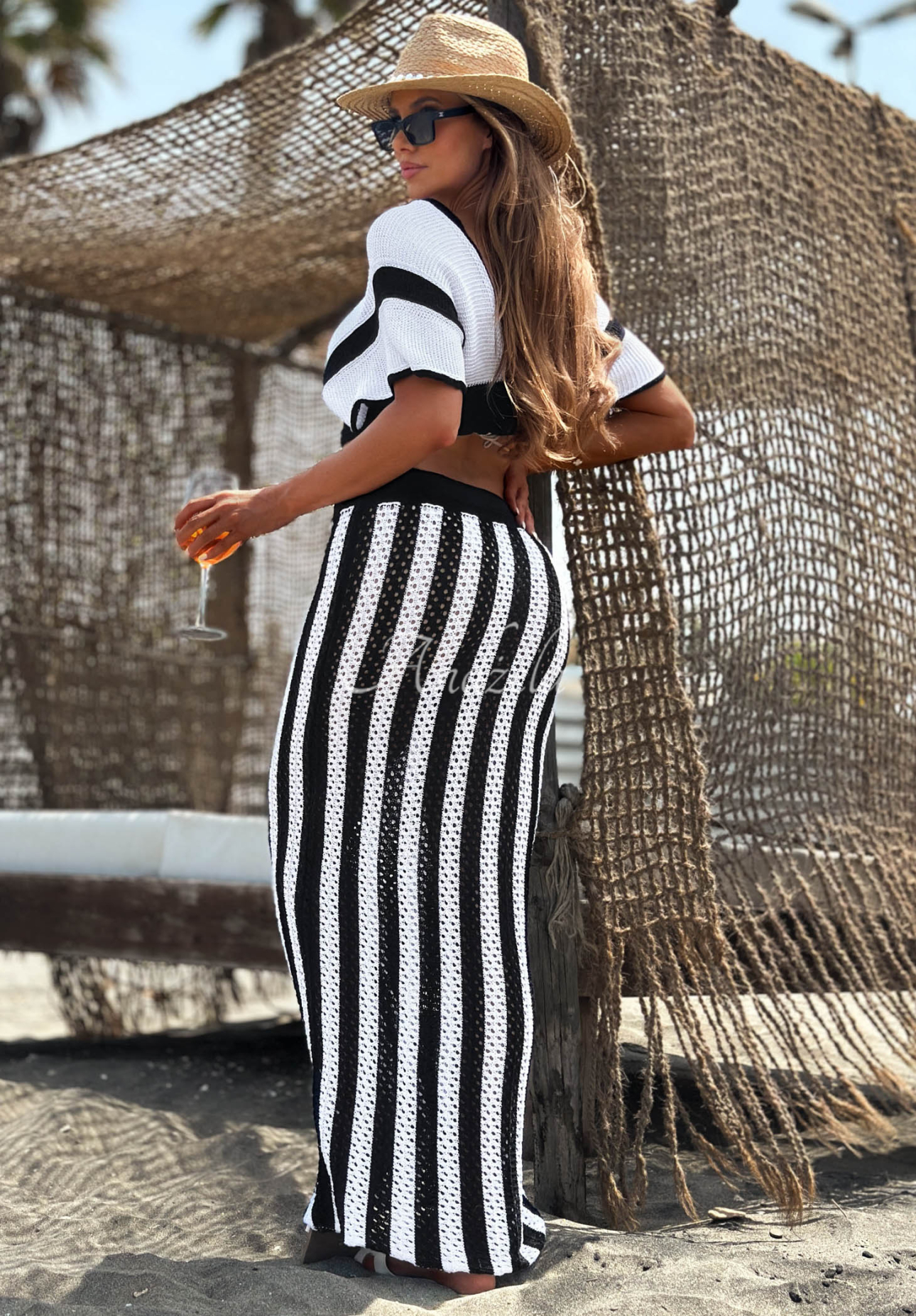 Let Me Think white and black cotton knit openwork blouse and skirt set