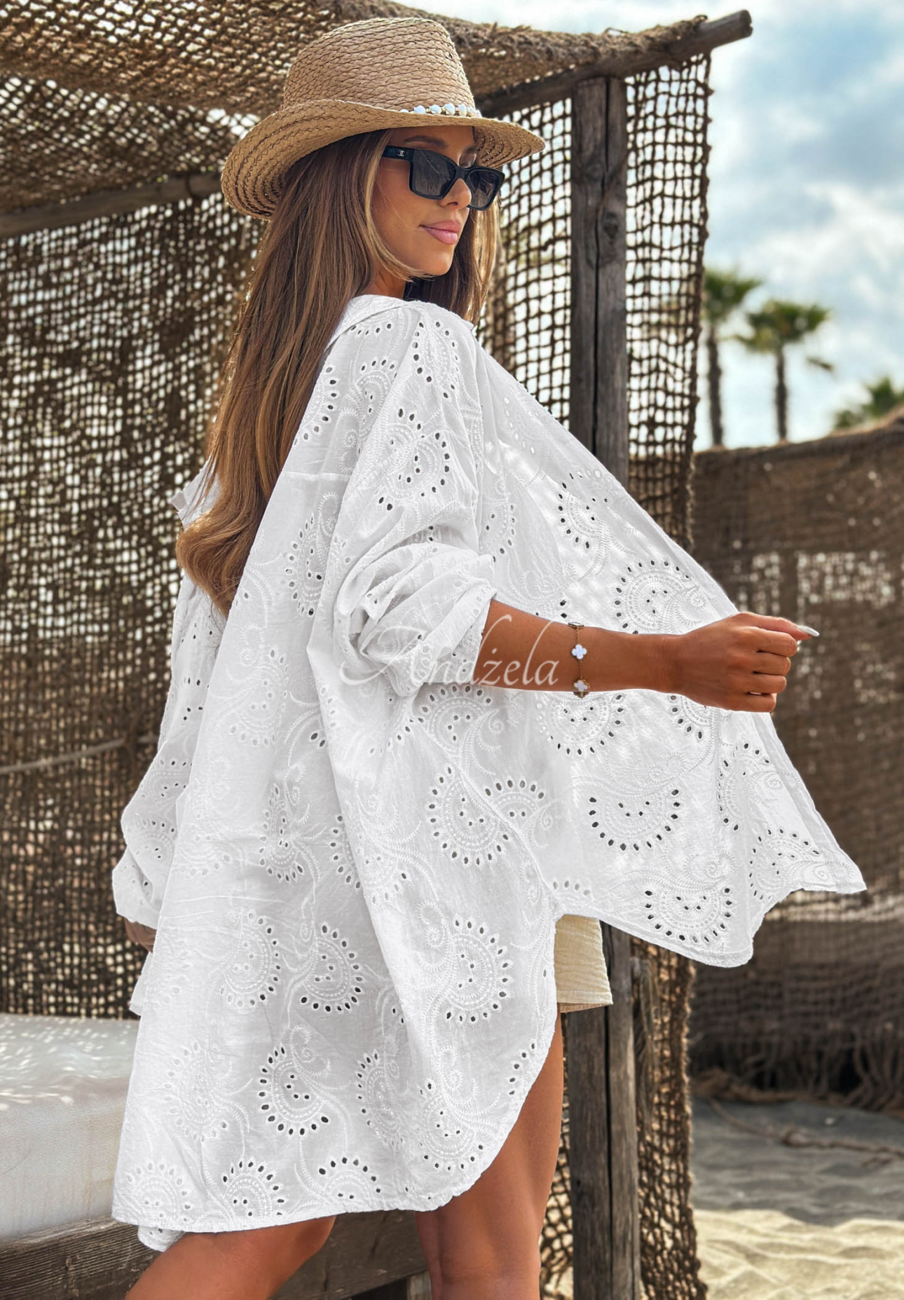 Florence Streets white cotton asymmetrical shirt with openwork patterns