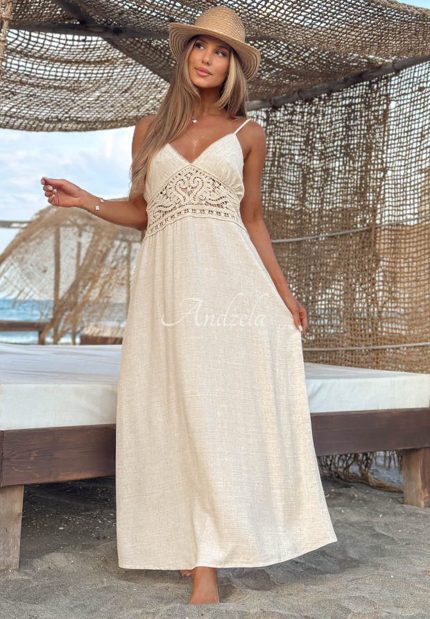 Island Desire Light Beige Boho Lace Spaghetti-Strap Viscose Dress