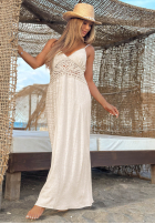 Sukienka maxi na ramiączkach z koronką boho Island Desire jasnobeżowa