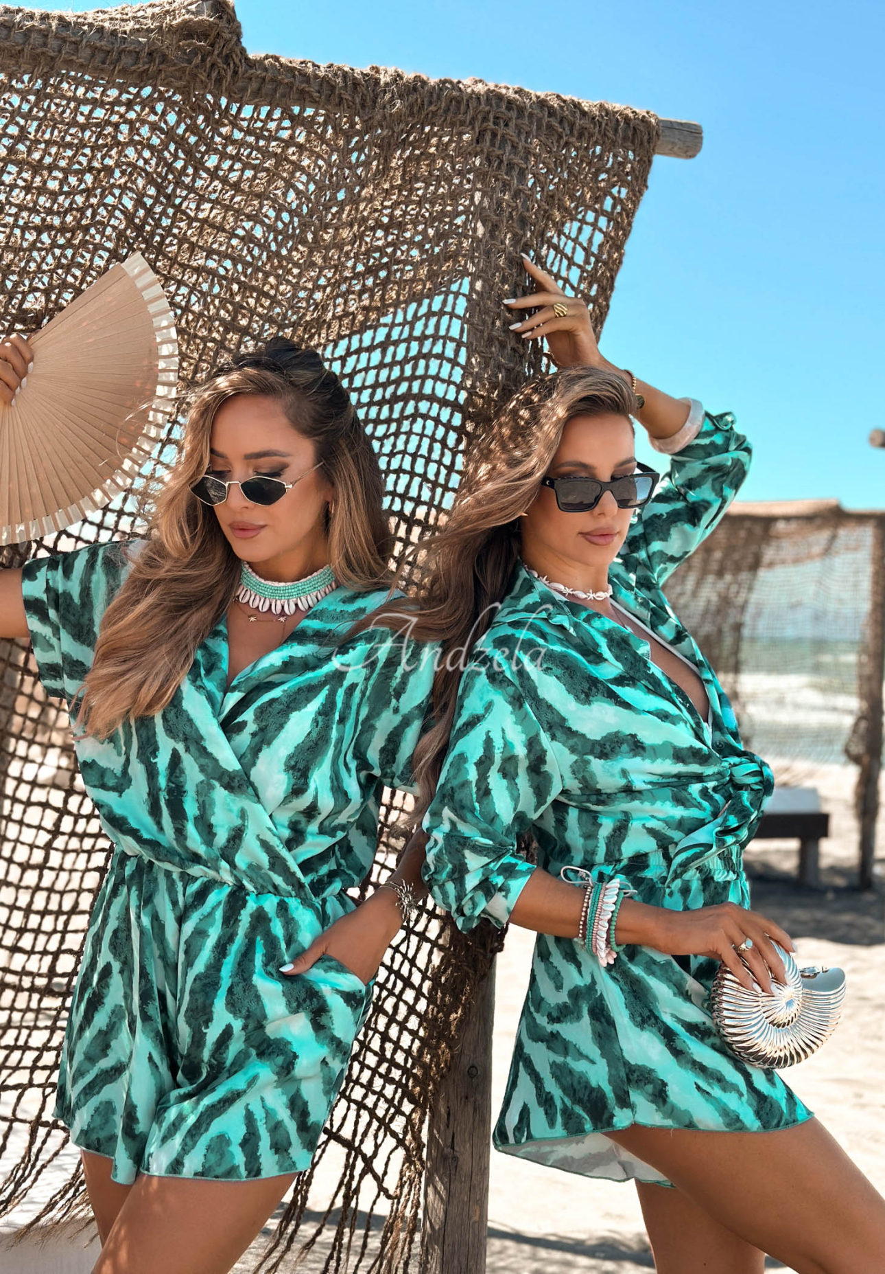 Aqua Wave Turquoise Patterned Viscose Shirt and Shorts Set