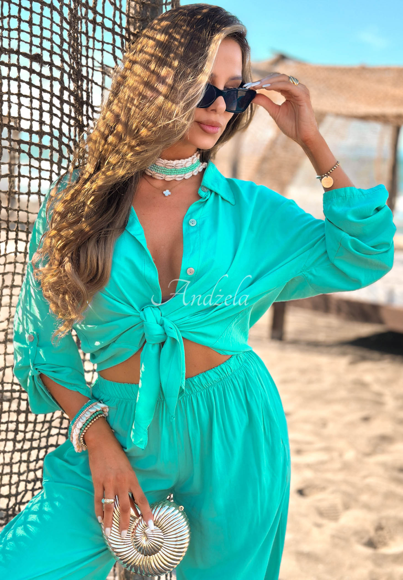 Summer Skies Turquoise Viscose Shirt and Wide-Leg Pants Set