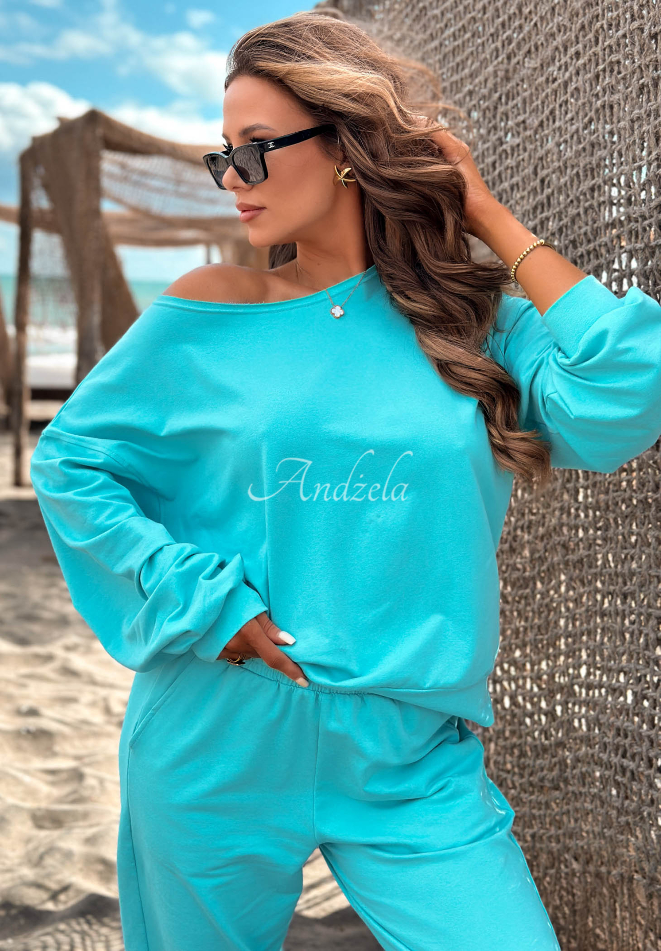 Bawełniany komplet bluza i spodnie Summer Energy turkusowy 