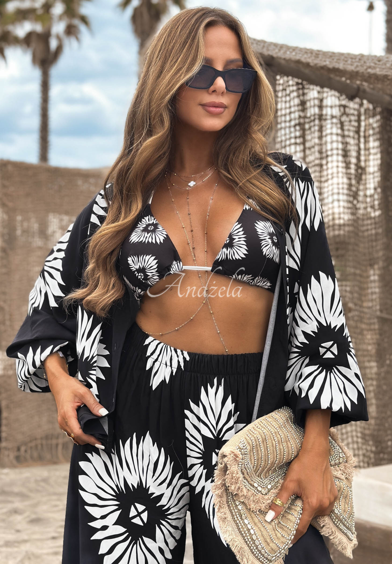 3-in-1 viscose set (top, shirt, and pants) in the Fiesta Time pattern, black