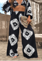 Komplet 3w1 top, koszula i spodnie wide leg we wzory Fiesta Time czarny