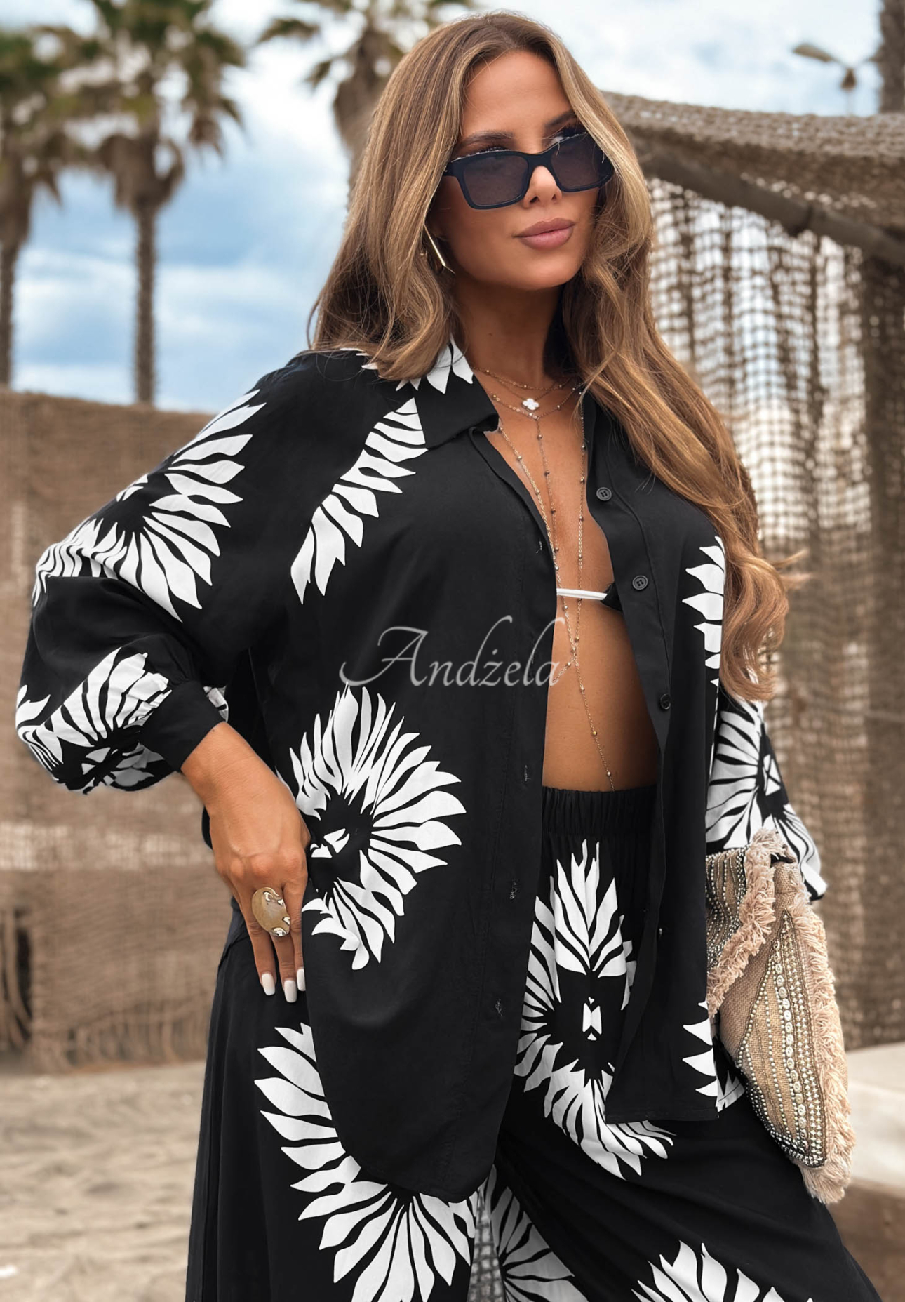 3-in-1 viscose set (top, shirt, and pants) in the Fiesta Time pattern, black