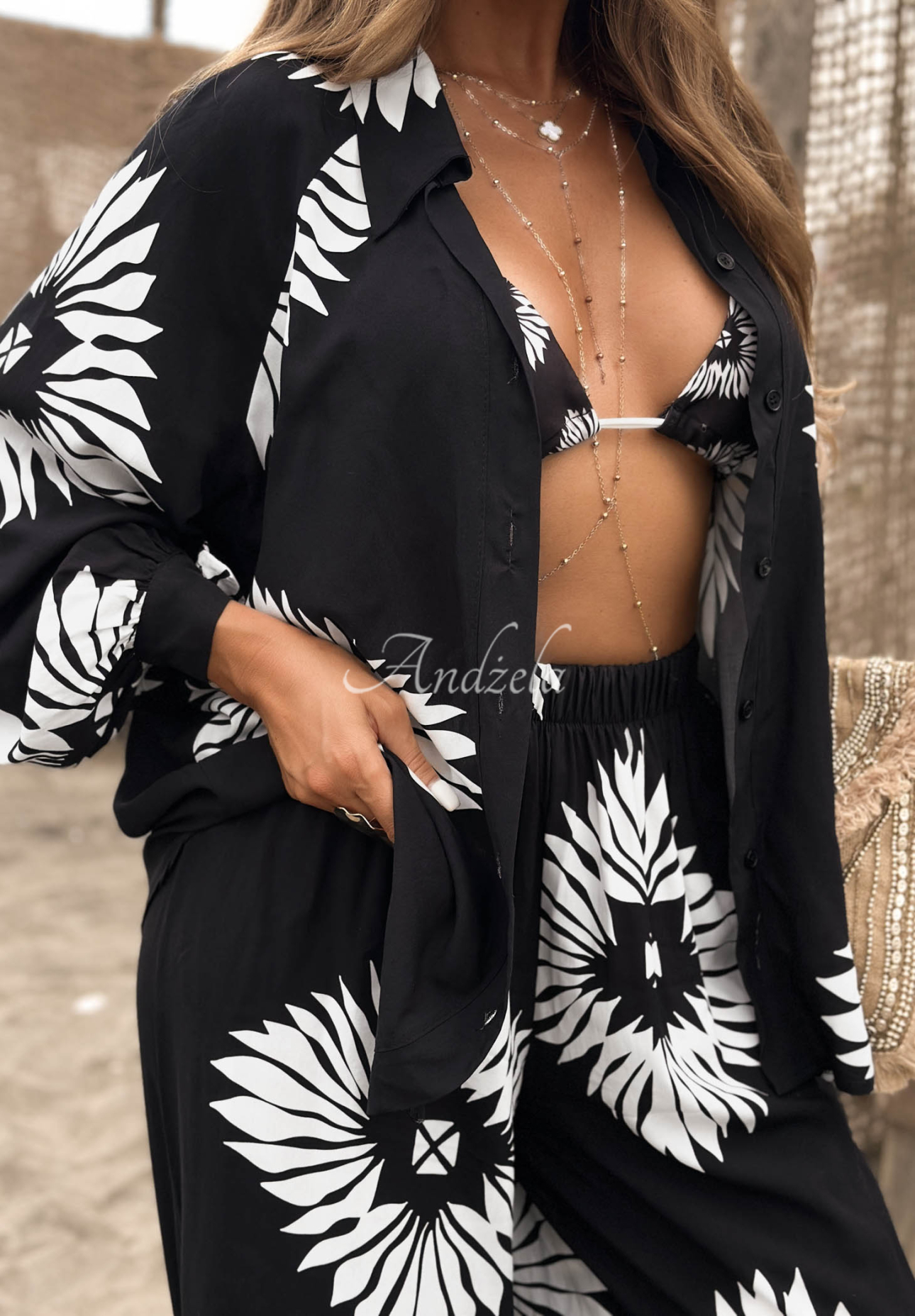 3-in-1 viscose set (top, shirt, and pants) in the Fiesta Time pattern, black