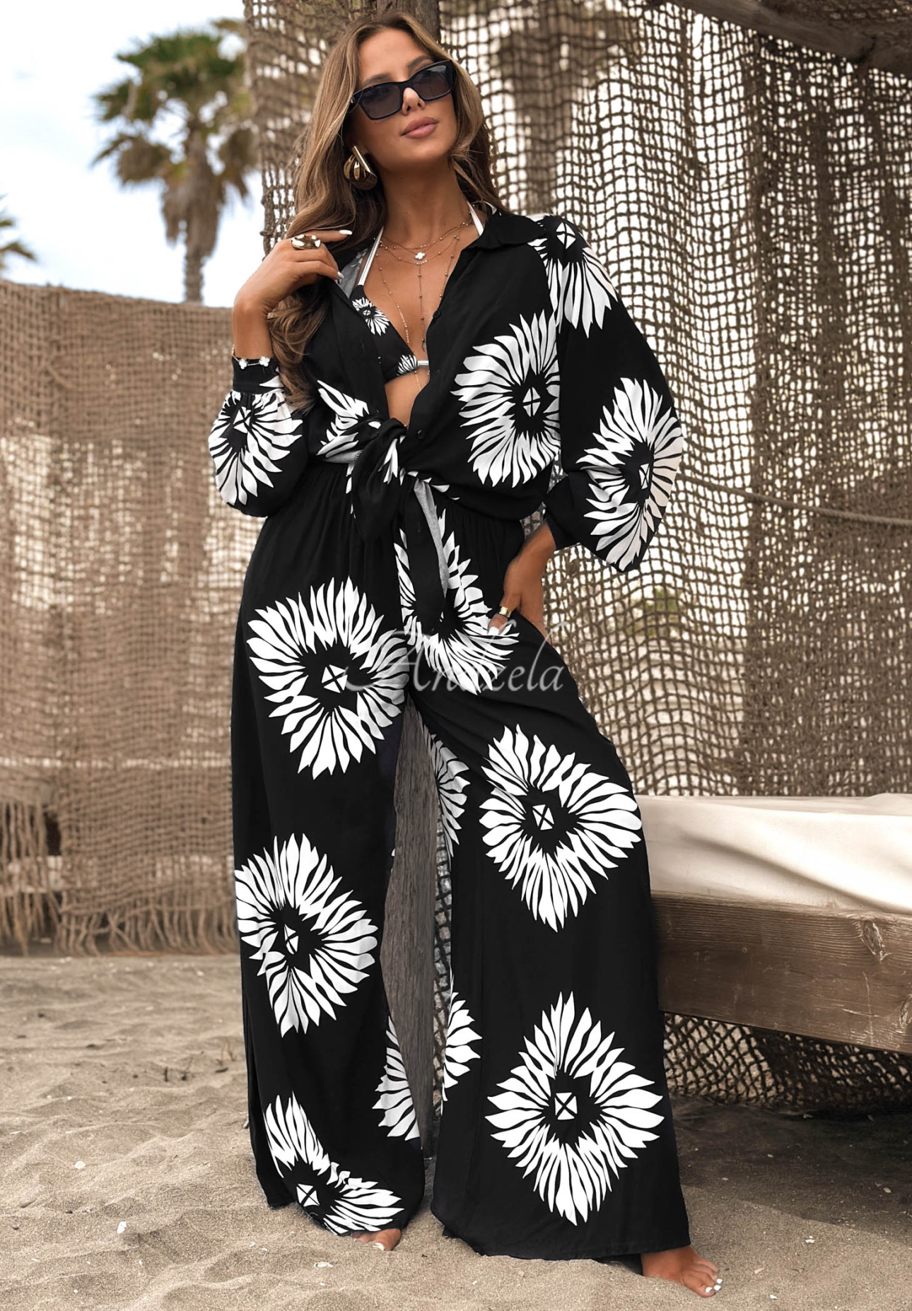3-in-1 viscose set (top, shirt, and pants) in the Fiesta Time pattern, black