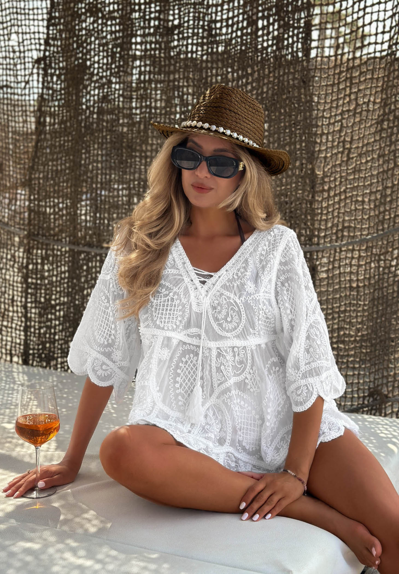 Haftowana bluzka z wiązaniem boho z bawełny Lagoon Light biała