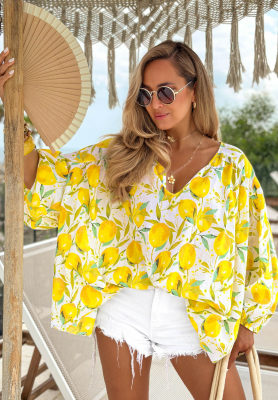 Iced Lemonade White and Yellow Oversized Cotton Blouse with Lemon Print