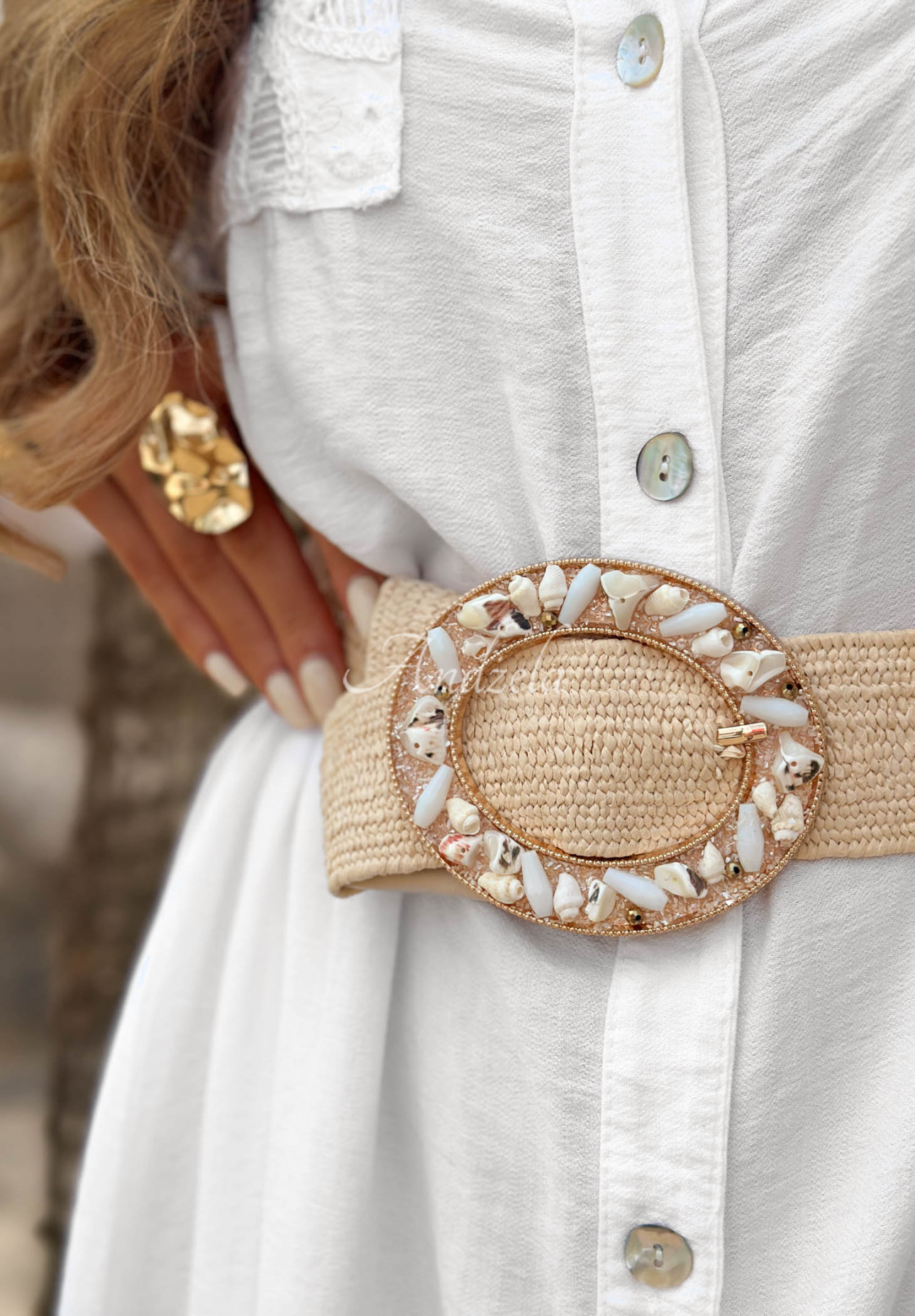 Shell Sea Beige Braided Belt with Shells