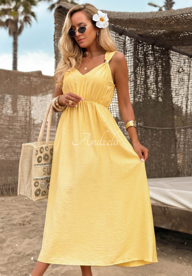 Island Shine Yellow Viscose Spaghetti-Strap Dress