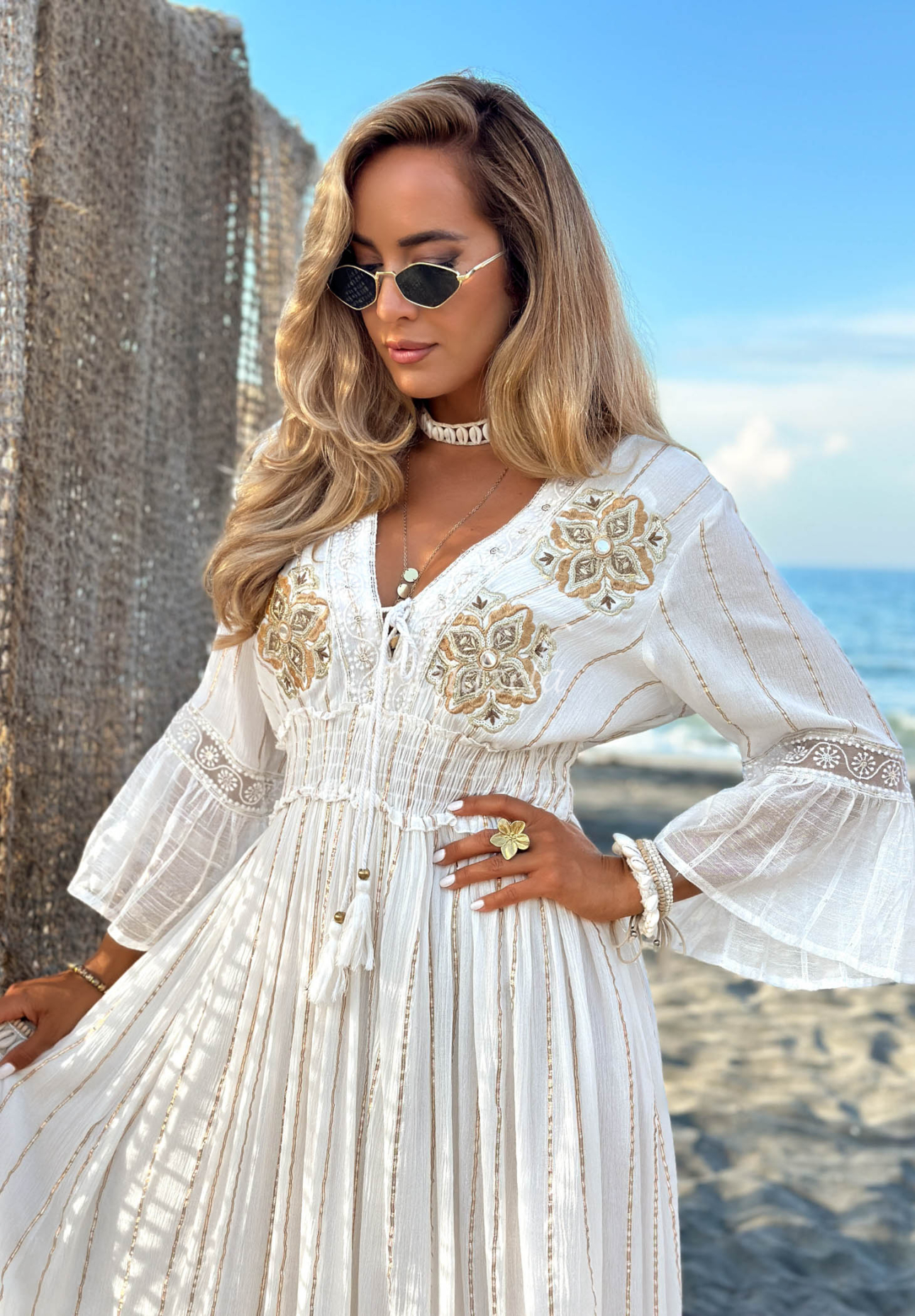 Sorelle Sun Light Beige Viscose Maxi Dress with Gold Boho Embroidery