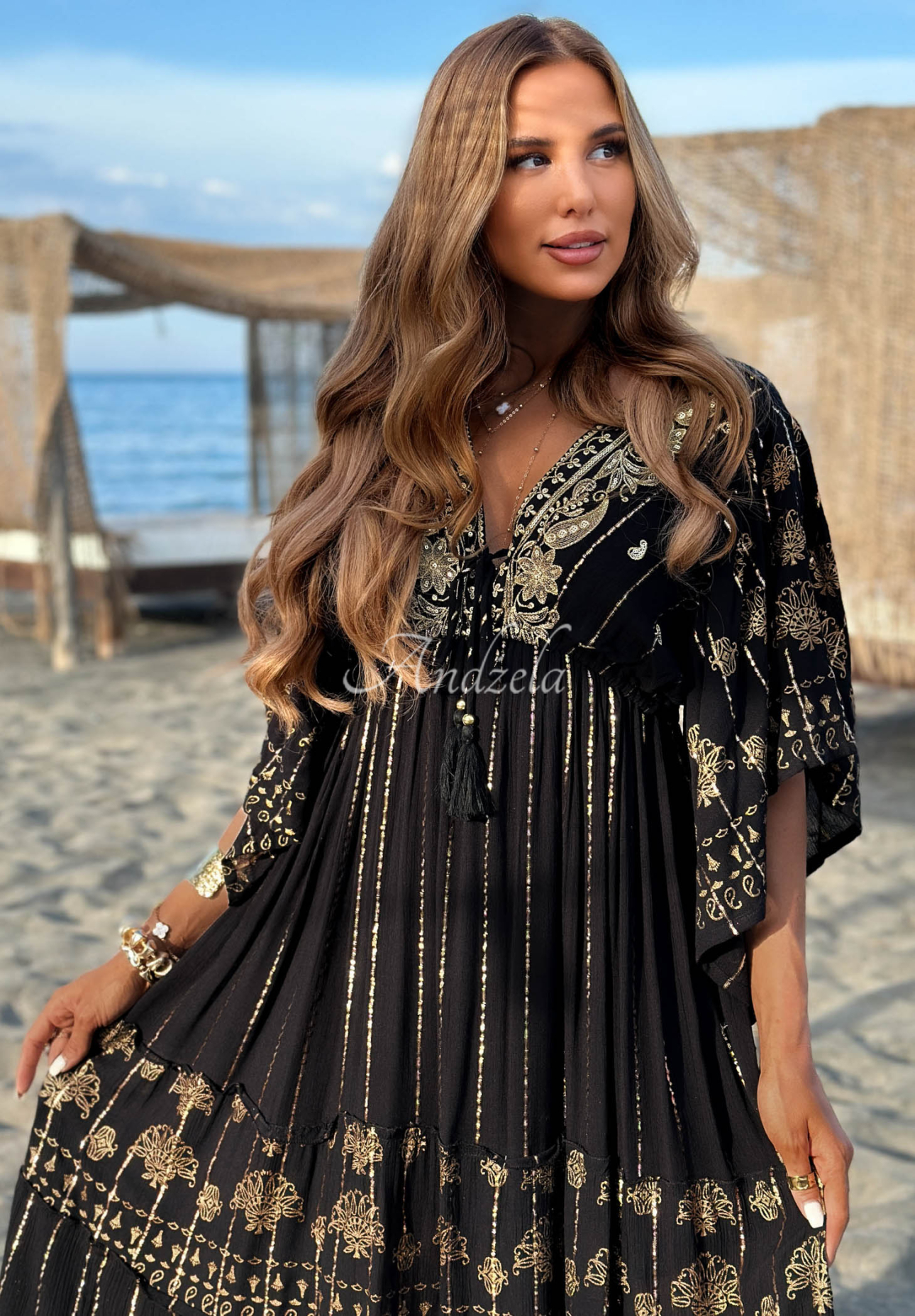 Palm Royale Black Viscose Maxi Dress with Gold Boho Embroidery