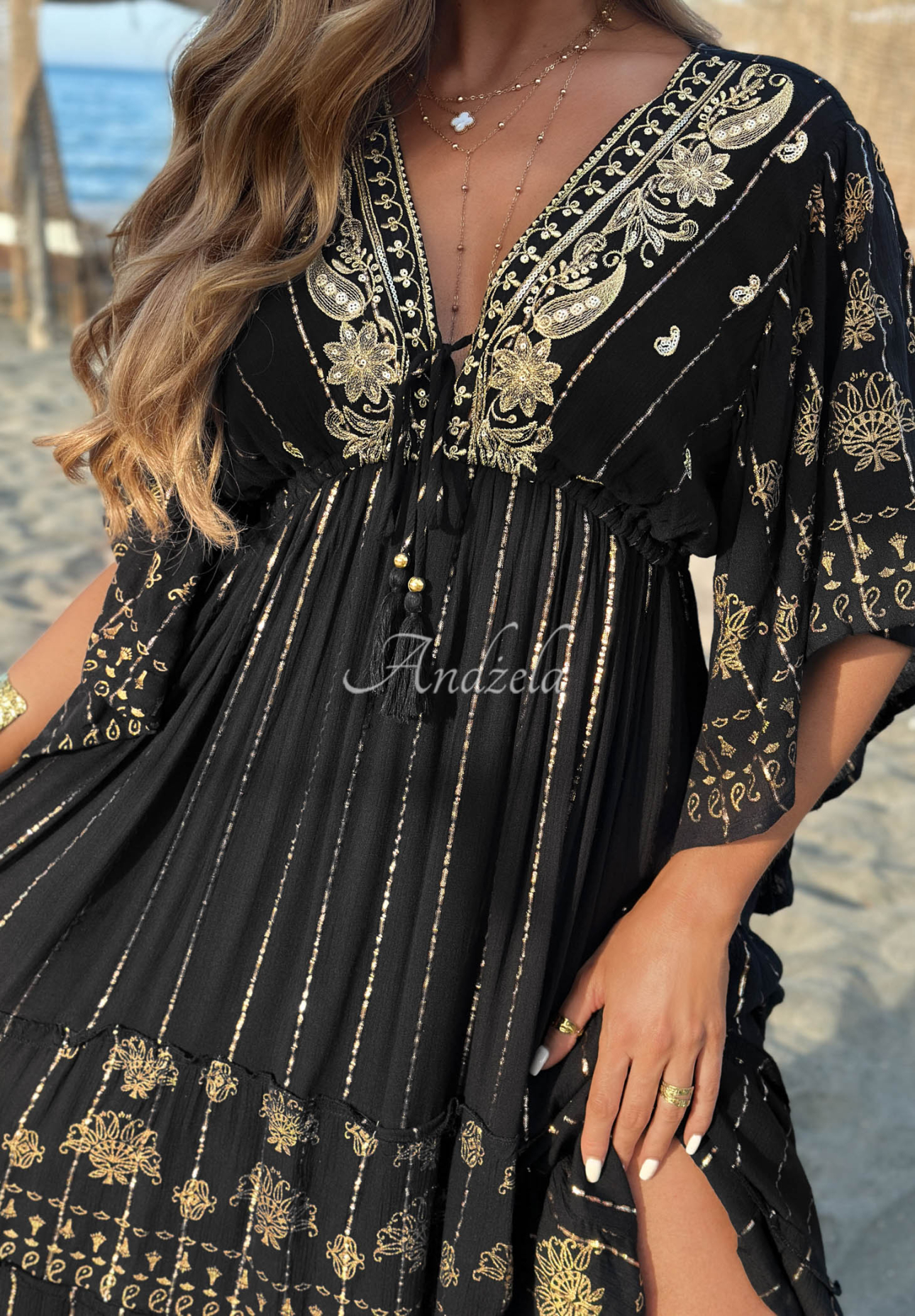 Palm Royale Black Viscose Maxi Dress with Gold Boho Embroidery
