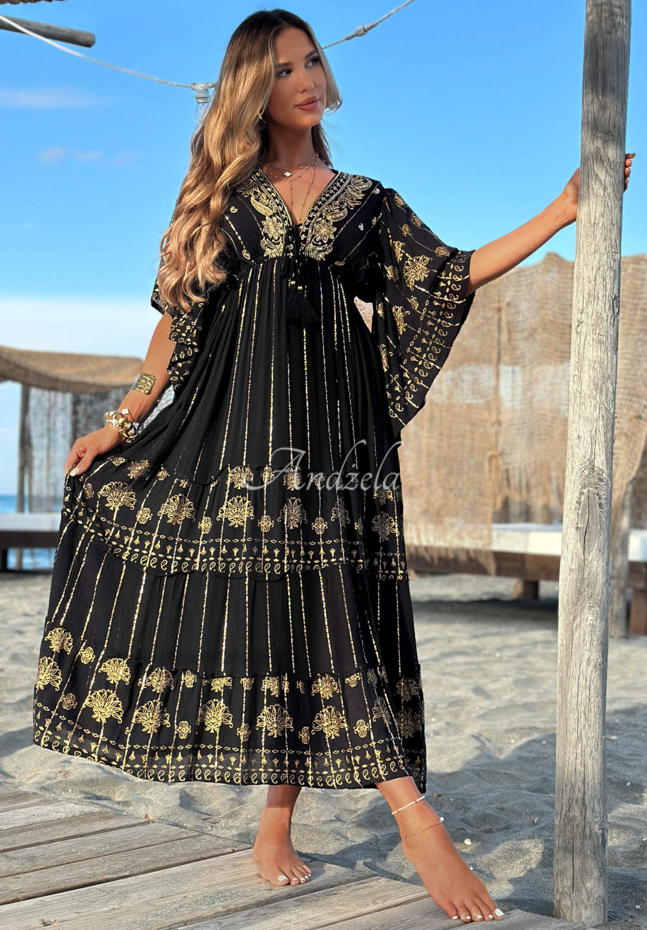 Palm Royale Black Viscose Maxi Dress with Gold Boho Embroidery