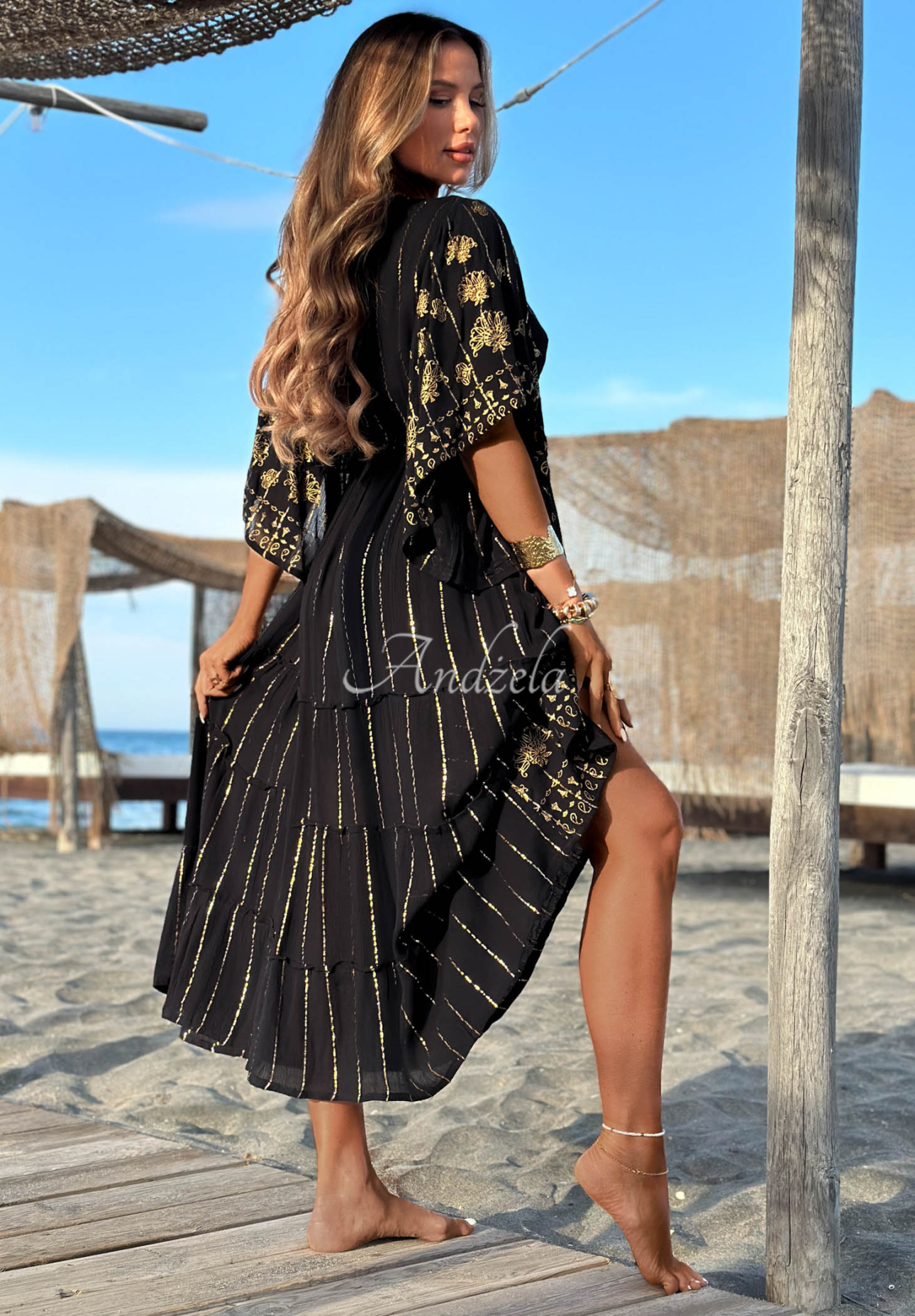 Palm Royale Black Viscose Maxi Dress with Gold Boho Embroidery