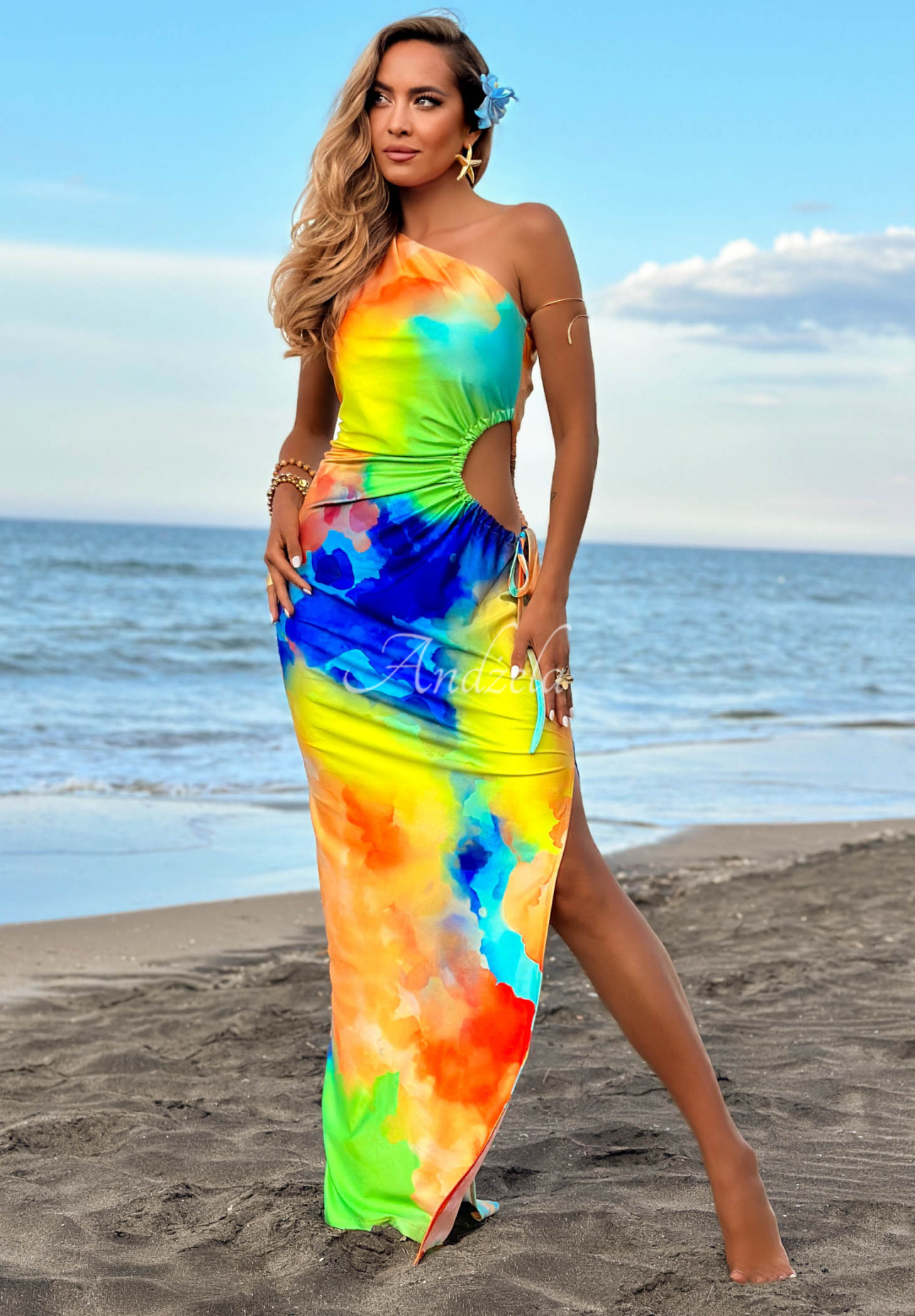 Asymmetrical maxi dress with Hawaiian print in yellow and orange by Papaya